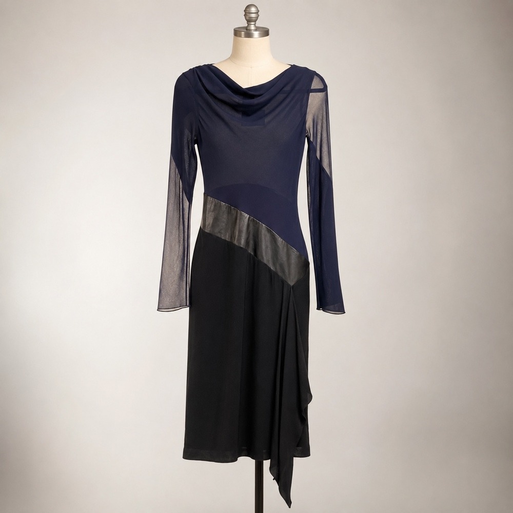 DVF Barneys NY Co-Op NWT Size 8 Silk Leather Sheer Asymmetrical Midi Dress